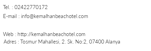 Kemalhan Beach Hotel telefon numaralar, faks, e-mail, posta adresi ve iletiim bilgileri